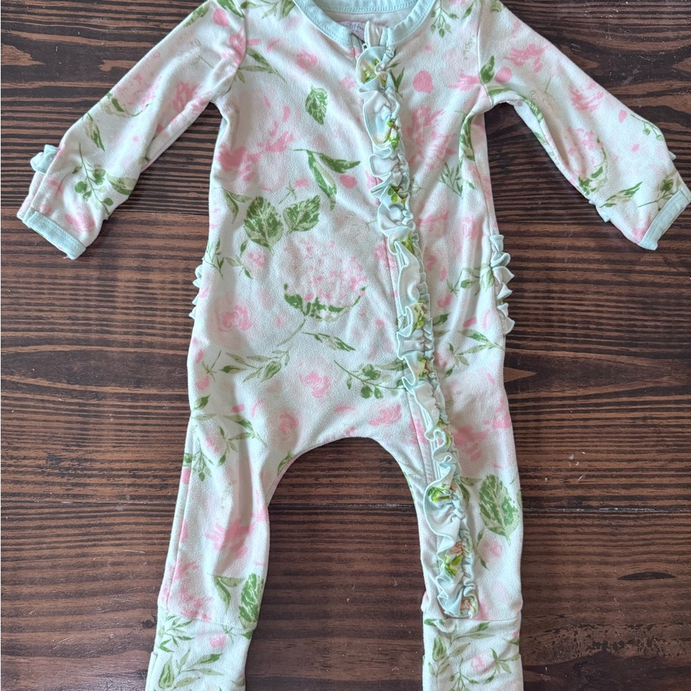 SweetHoney Pink Green Floral Ruffle Footie Layette 12mo